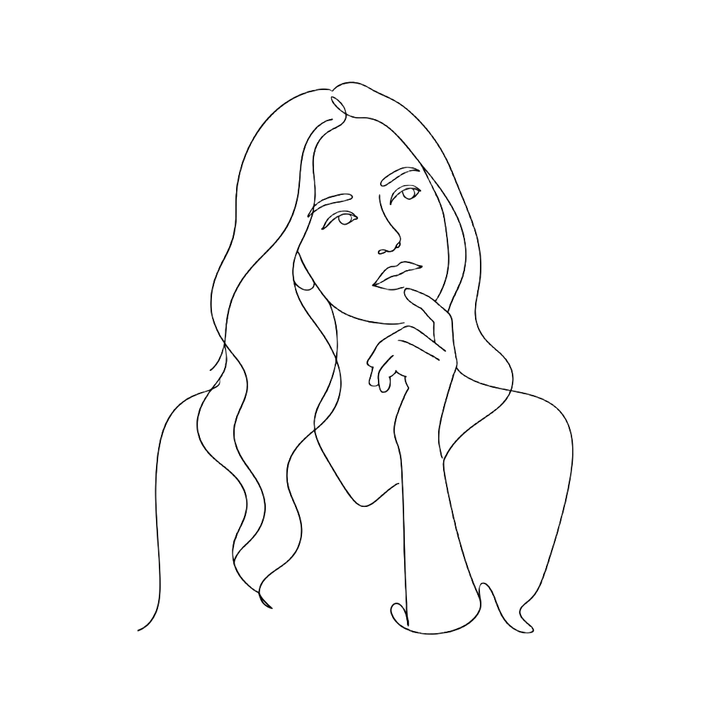 Line drawing of a thoughtful woman