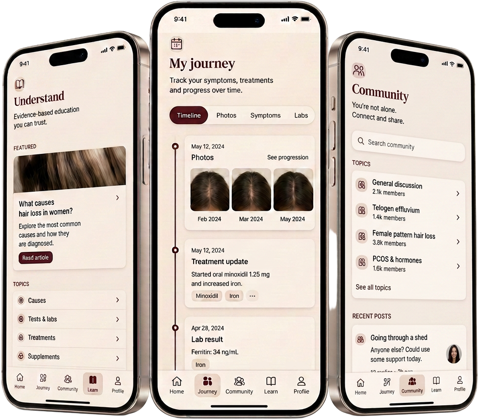 Three iPhones showing the Strand hair health app